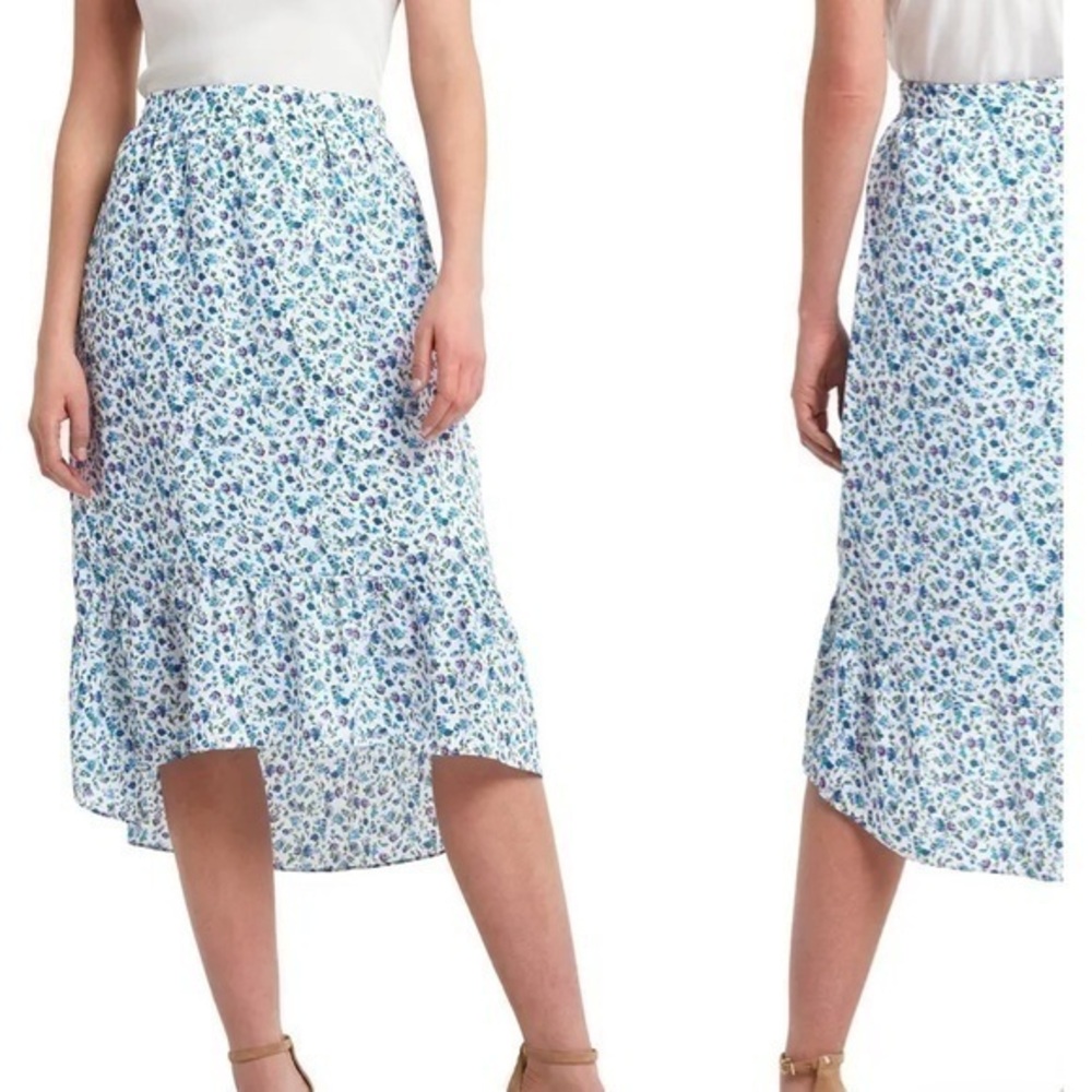 NWT H Halston Ditsy Liberty Floral Blue & White Ruffle Hem Midi Slip Skirt L